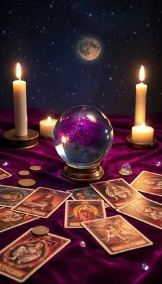 Esfera de cuarzo, velas y cartas sobre terciopelo