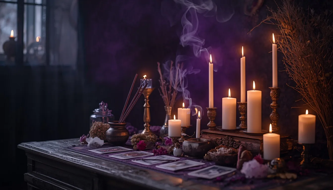 Altar con velas, sahumerio y cartas