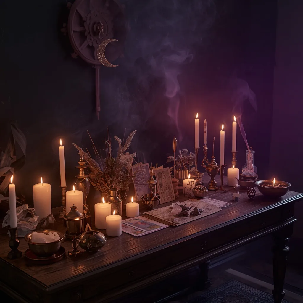 Altar con velas encendidas y objetos rituales
