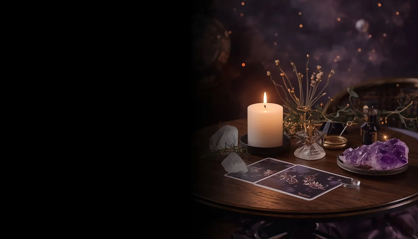 Mesa de consulta con velas, cartas y cuarzos