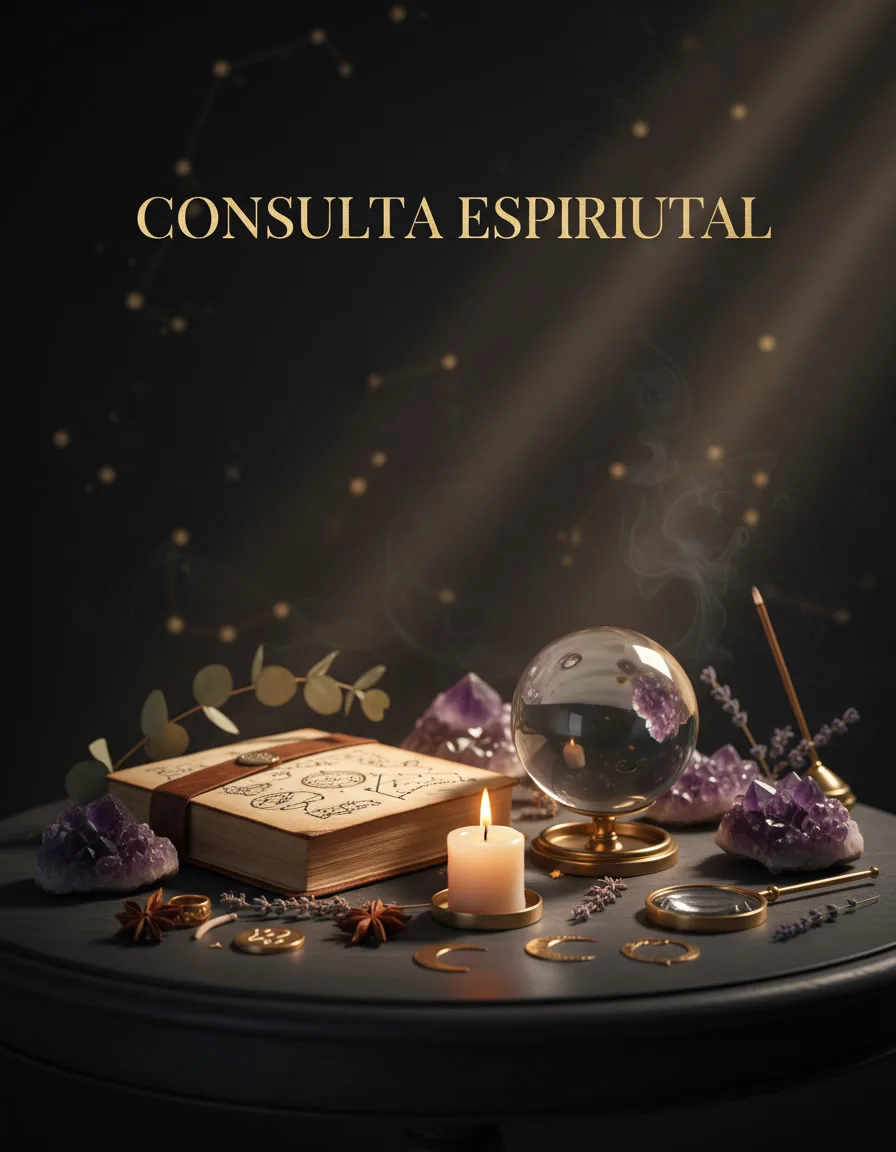 Consulta espiritual: libro, esfera de cuarzo y velas